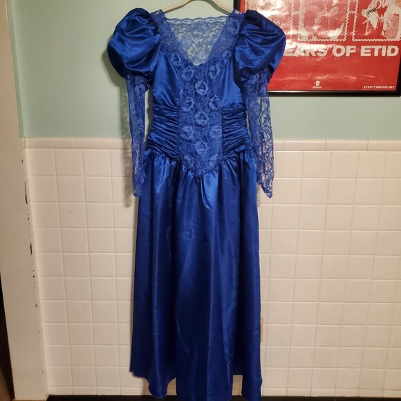 Vintage Royal Blue 80s Long Sleeve Lace A Line Prom Party Dress Women's Size 12 - Picture 15 of 15